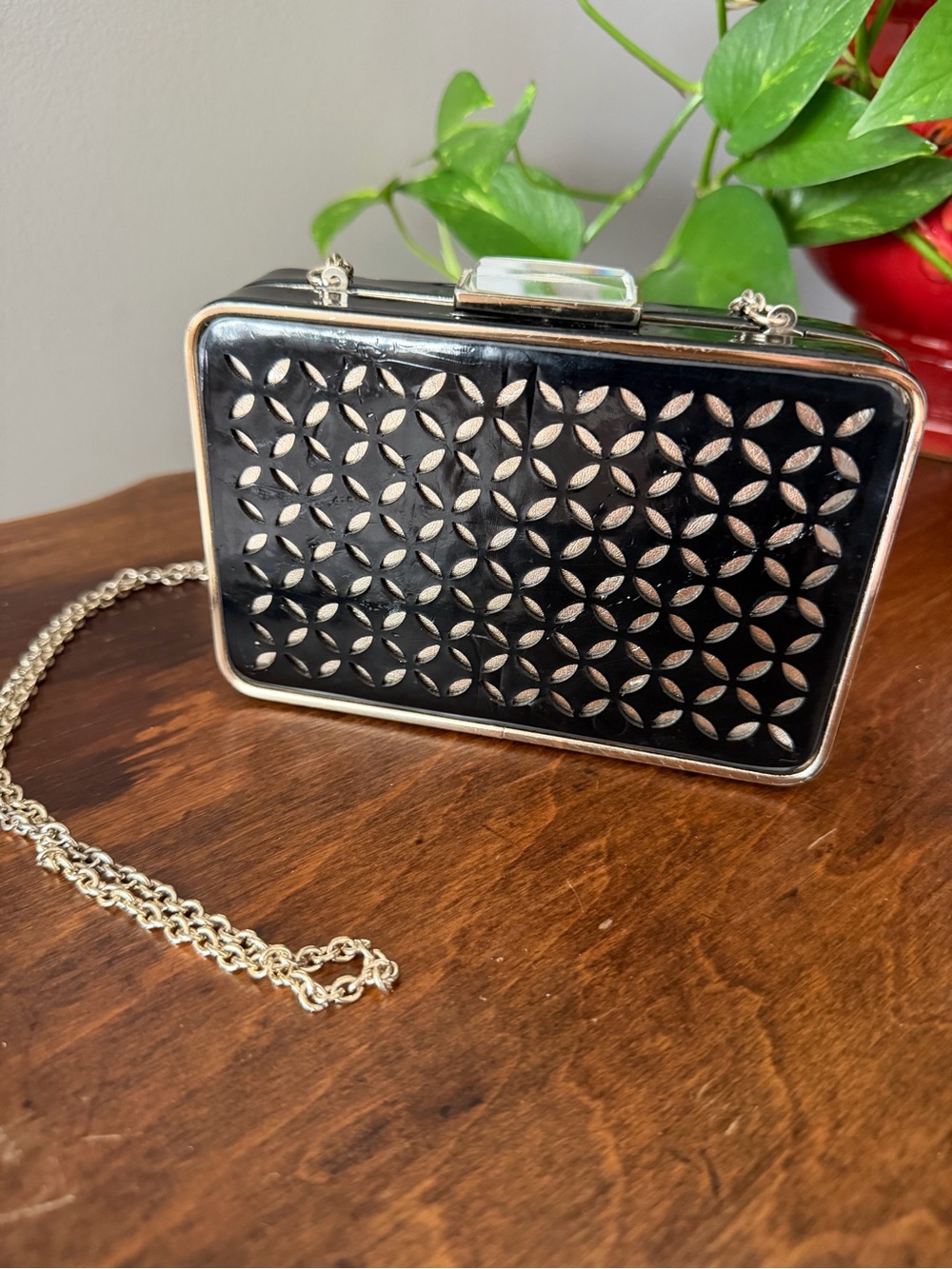 Sondra Roberts Black Laser-Cut Box Clutch with Silver Chain